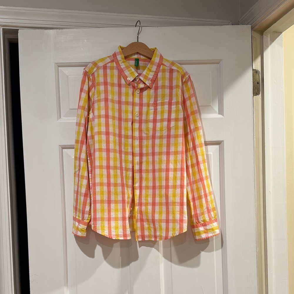 Boys Pink and Yellow United Colors of Benetton Plaid Button-Up Shirt